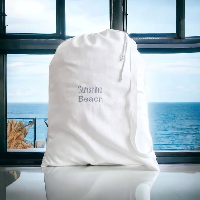 个性背包洗衣袋麻订制刺绣，旅行沙滩包礼物 - 卫浴用品 - 亚麻 白色