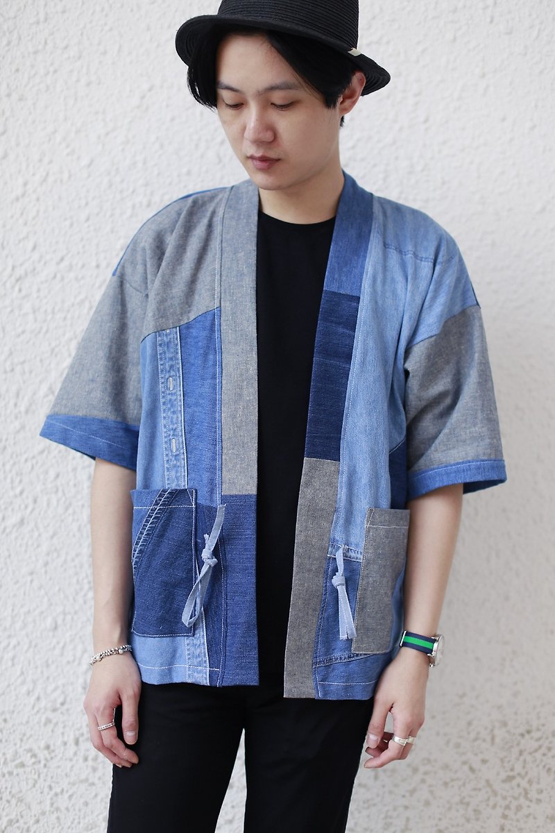 牛仔布patchwork 短袖Kimono - 男装外套 - 棉．麻 