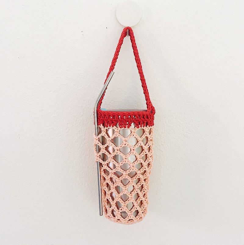 Eco-Friendly, Crochet Beverage Bag with Handle | Net Bag Multi Color - 随行杯提袋/水壶袋 - 棉．麻 粉红色