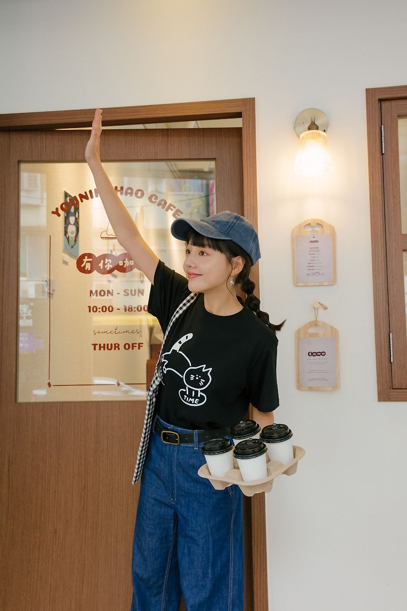 时空猫 TIME CAT 猫咪 印花T恤 日本UA素材 - 女装 T 恤 - 棉．麻 黑色