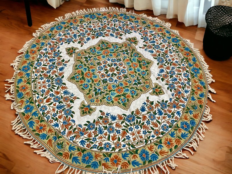 印度喀什米尔 手工刺绣 超大丝质羊毛圆形地毯 214x214 — 仲夏夜 - 摆饰 - 丝．绢 绿色