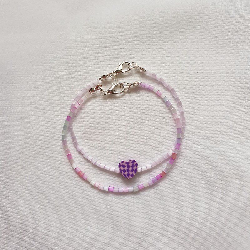 粉彩珠手链+心形吊坠 - 手链/手环 - 其他材质 多色