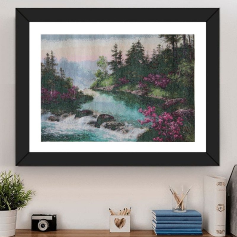 手工制作的春季风景画、手工十字绣艺术品、礼品、家居装饰 - 墙贴/壁贴 - 棉．麻 绿色