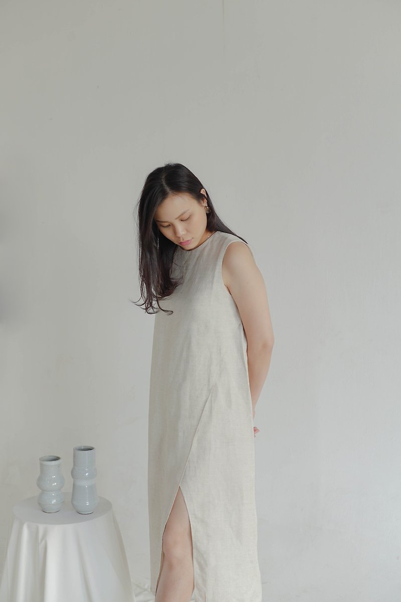 Oatmeal Linen Asymmetrical Dress - 洋装/连衣裙 - 棉．麻 卡其色