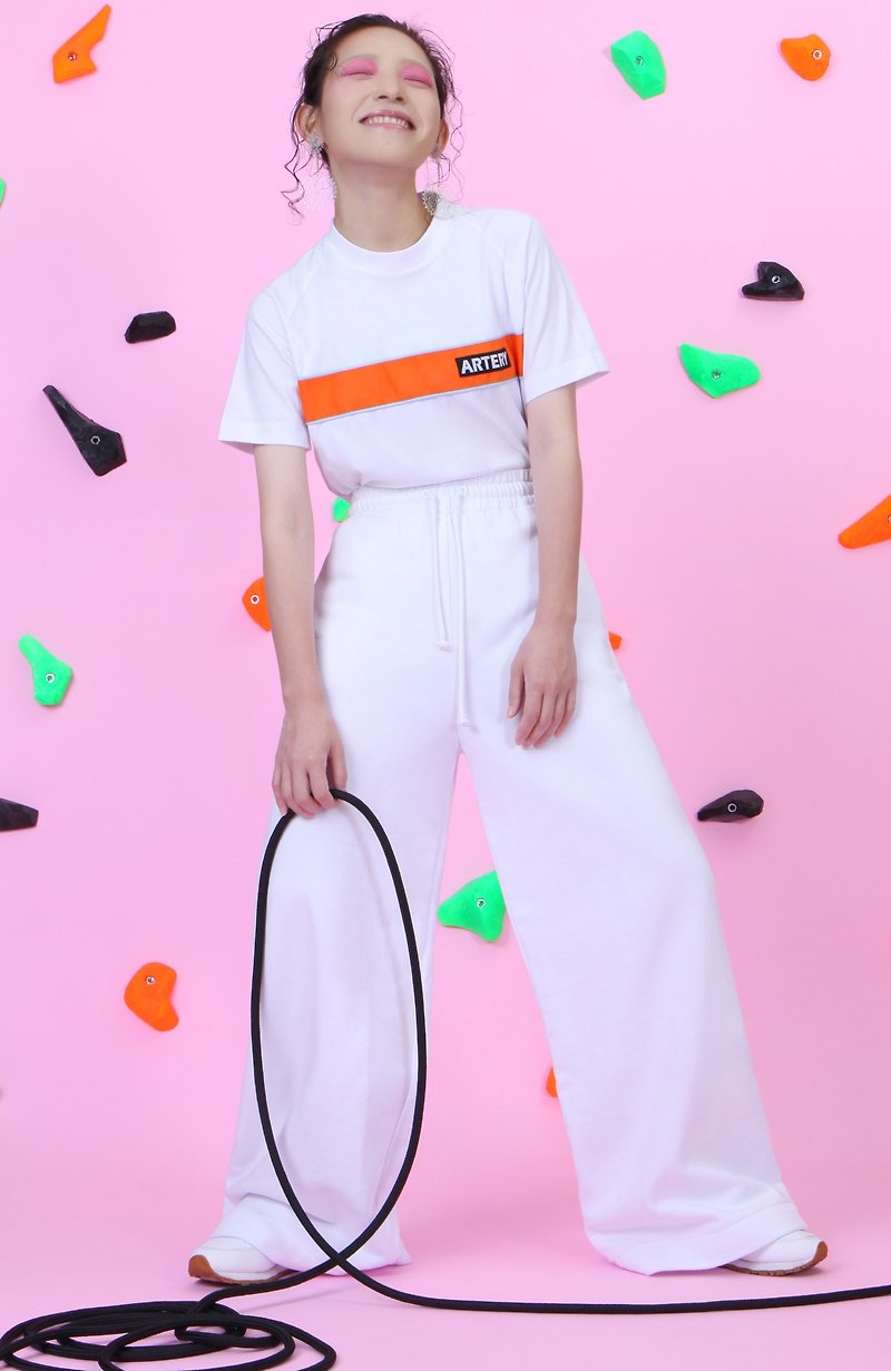ARTERY 拉克兰袖织带 T-SHIRT 白底 橘/粉蓝 - 女装 T 恤 - 棉．麻 白色