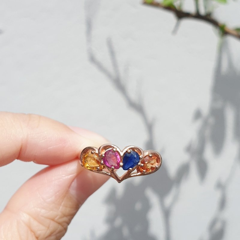 4 color sapphire ring: Yellow sapphire, Ruby, Blue sapphire, Orange sapphire - 戒指 - 宝石 多色