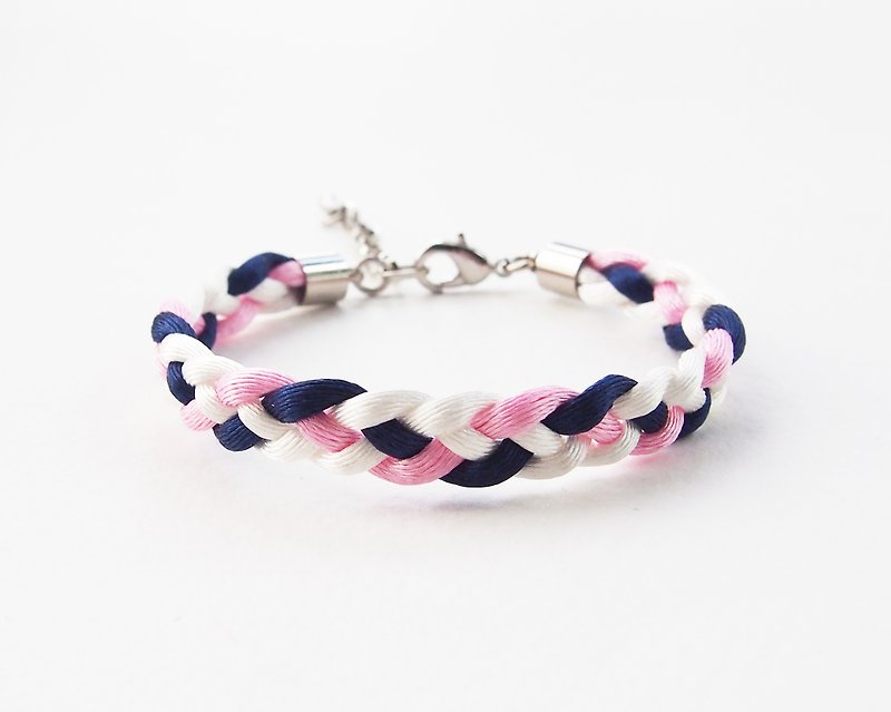 White/navy/pink braided mini bracelet - 手链/手环 - 其他材质 多色
