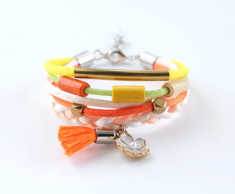 Colorful layer wrap bracelet with white flower and orange tassel - 手链/手环 - 其他材质 橘色