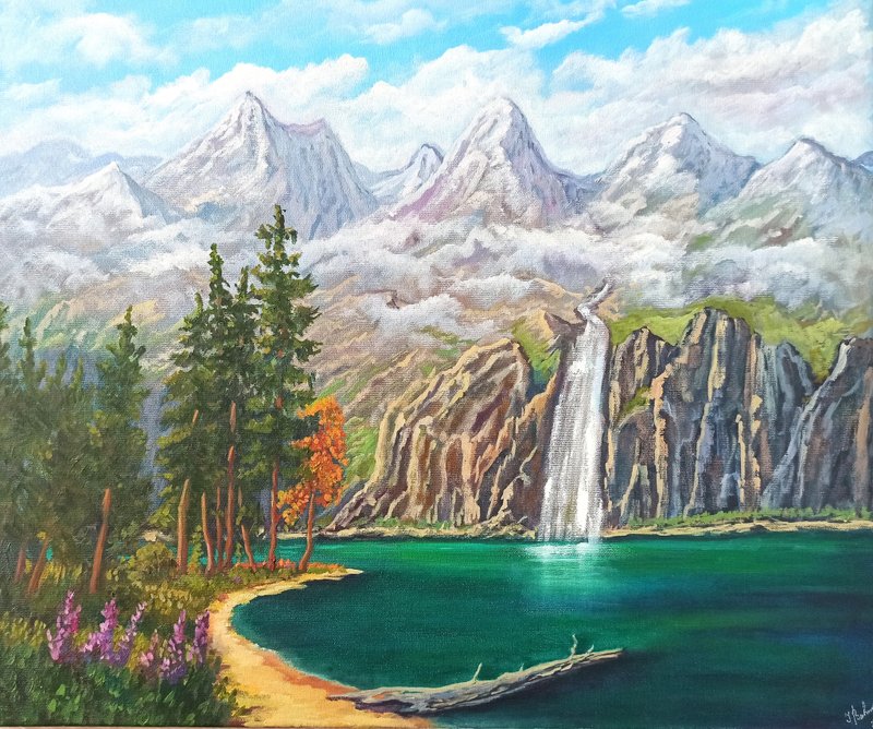 原创布面油画山脉风景瀑布画 50x60cm - 海报/装饰画/版画 - 其他材质 