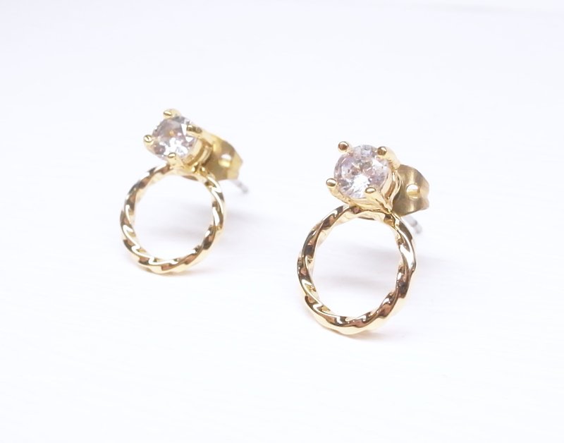 二毛银【两戴式简约麻花造型黄铜耳环和小锆石】一对 - 耳环/耳夹 - 其他金属 金色