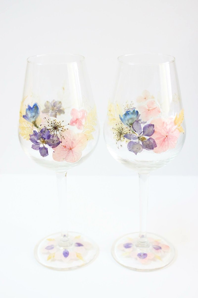 定制订单-押花红酒杯一对装 婚礼订造 - 茶具/茶杯 - 植物．花 粉红色