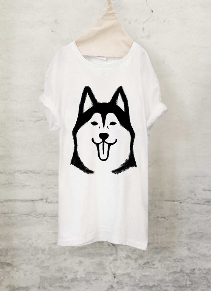 シベリアンハスキー Tシャツ  Siberian husky T-shirt (White/Gray)【DOG】 - 男装上衣/T 恤 - 棉．麻 白色