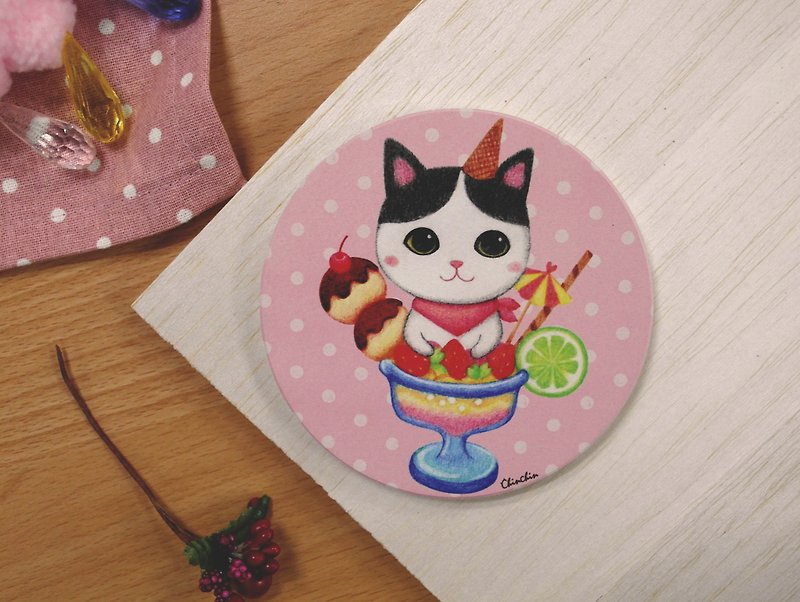 ChinChin 手绘猫咪陶瓷吸水杯垫 - 草莓圣代 - 杯垫 - 其他材质 粉红色