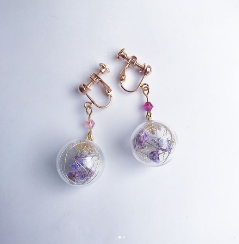 干燥花玻璃球耳环【小紫金】 - 耳环/耳夹 - 玻璃 紫色