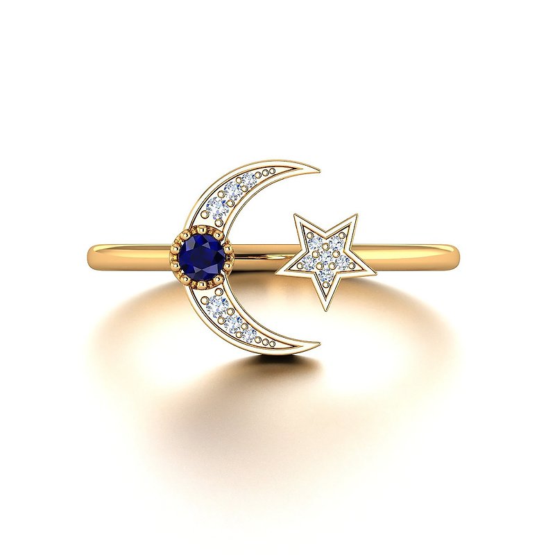 【PurpleMay Jewellery】18K金半月星星蓝宝石钻石戒指 - R034 - 戒指 - 钻石 透明