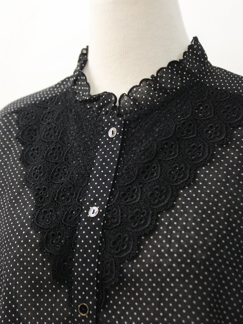 复古日本制立领蕾丝拼接黑色圆点点短袖古着衬衫 Vintage Blouse - 女装衬衫 - 聚酯纤维 黑色