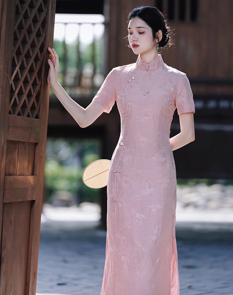 粉黛 新中式复古提花改良旗袍 - 洋装/连衣裙 - 其他材质 粉红色