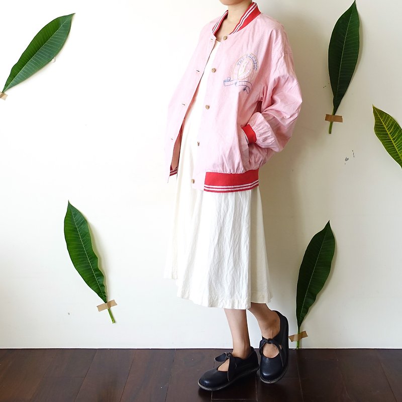 BajuTua /古着/ 粉红条纹薄款棒球外套 - 女装休闲/机能外套 - 棉．麻 红色