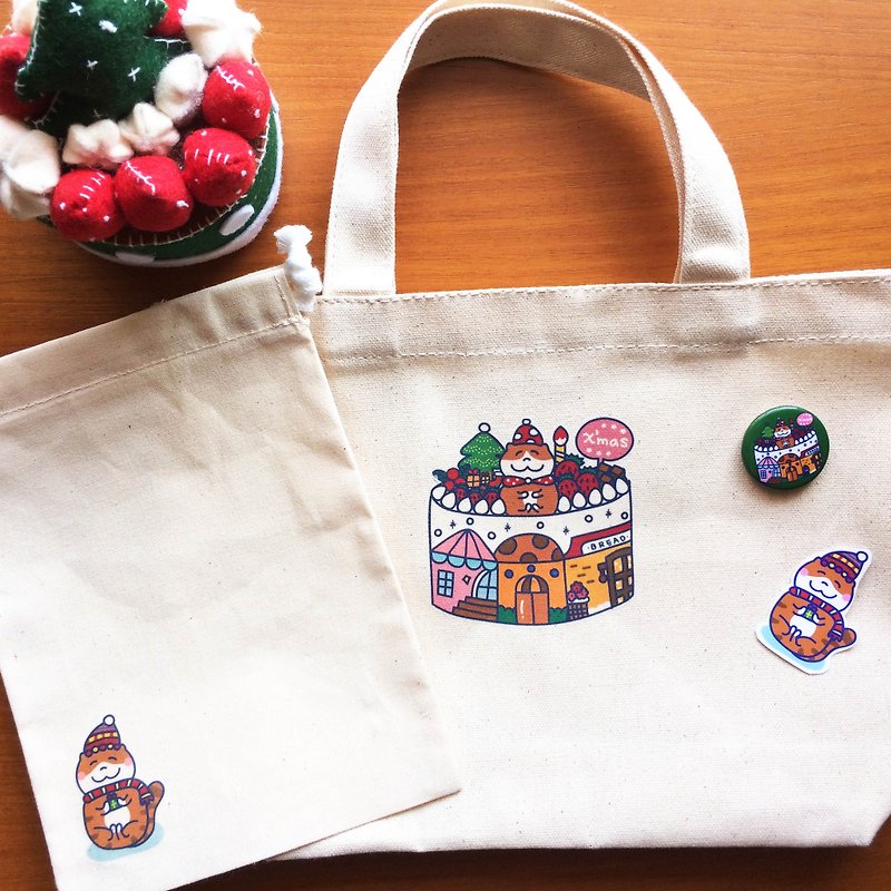 圣诞蛋糕喵喵 交换礼物 帆布袋组 手工印制 Canvas Bag Gift - 手提包/手提袋 - 棉．麻 