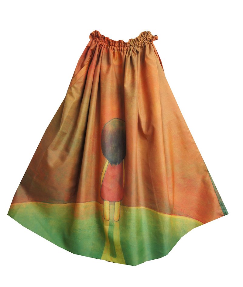 望郷の丘　プリントスカート/The hill recalling hometown Print Skirt - 裙子 - 聚酯纤维 橘色