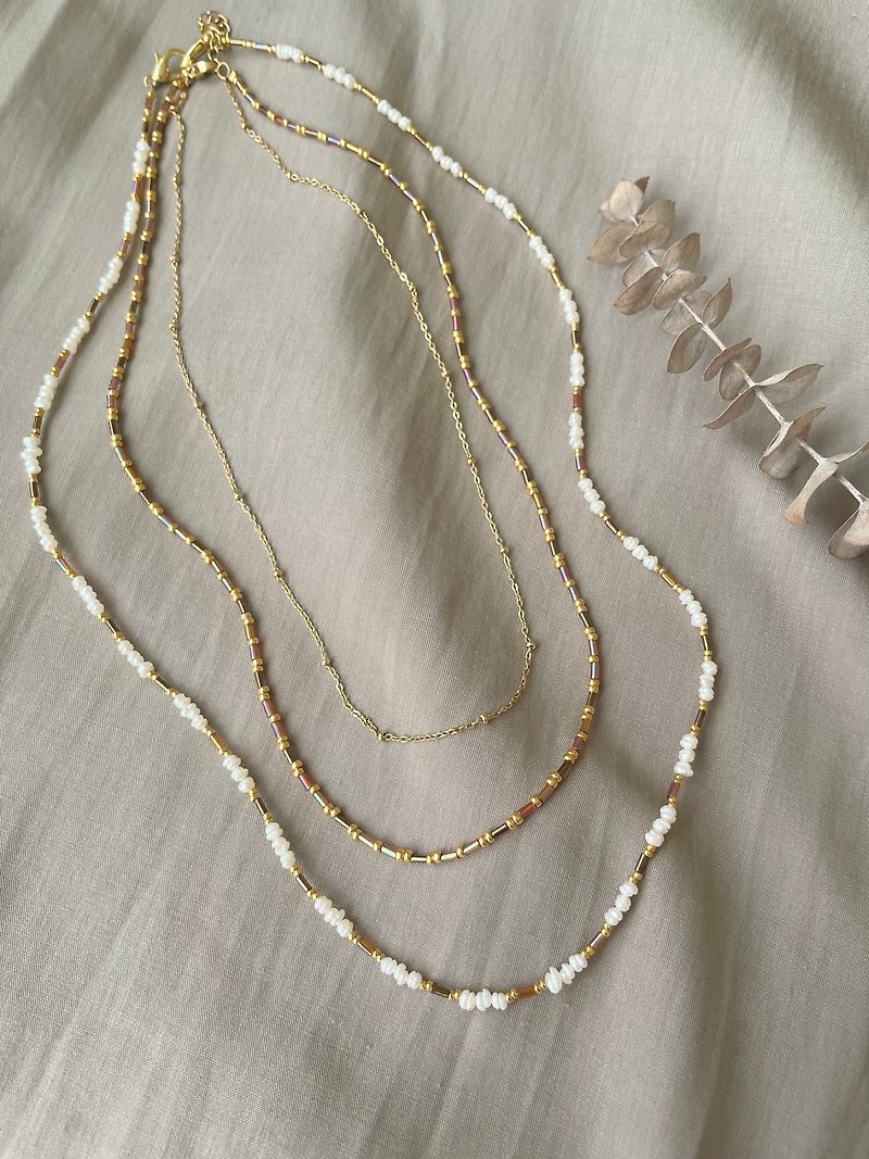 天然珍珠项链 复古风格 珍珠 项链 双链+单链 - 项链 - 珍珠 金色