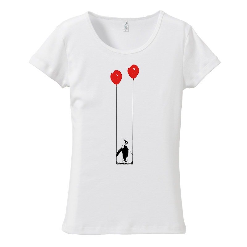 [レディースTシャツ] ペンギンと風船とブランコ - 女装 T 恤 - 棉．麻 白色