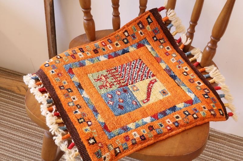 オレンジ 手織り 絨毯 座布団サイズ ウール 草木染め - 被子/毛毯 - 其他材质 橘色
