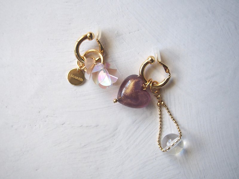 heart charm pierce/earring(amethyst) - 耳环/耳夹 - 半宝石 紫色