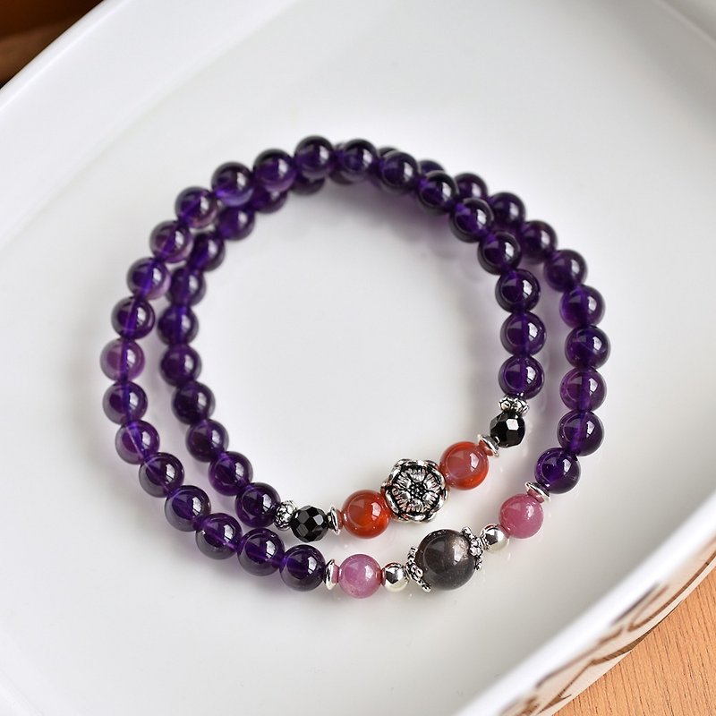 紫水晶+红宝石+南红玛瑙+黑太阳石双圈纯银手链 - 手链/手环 - 水晶 紫色