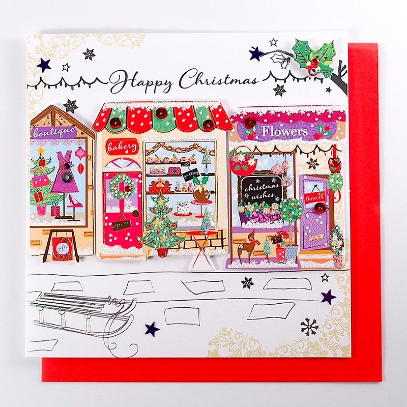 许多小店闪耀着夜晚耶诞卡片【Ling Design TP-卡片 圣诞节系列】 - 卡片/明信片 - 纸 多色