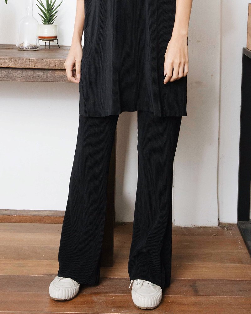 MINIMAL BLACK PLEAT PANTS WITH HIGH ELASTIC WAIST - 女装长裤 - 其他材质 黑色