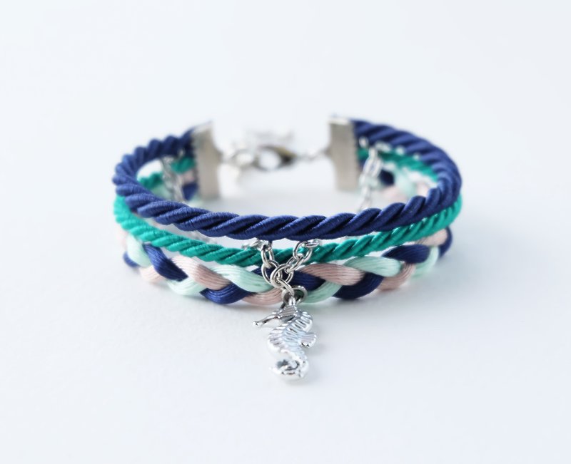 Seahorse wrap bracelet in navy blue / seafoam green / light mint / light brown  - 手链/手环 - 其他材质 蓝色