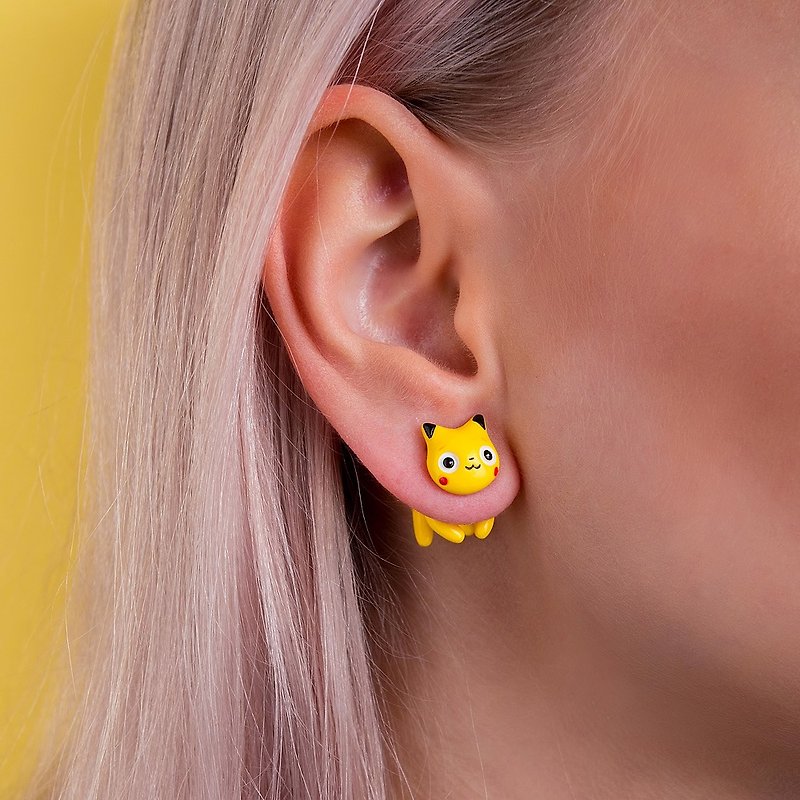 Yellow Cat Earrings - Kawaii Cat Earrings Polymer Clay - 耳环/耳夹 - 粘土 黄色