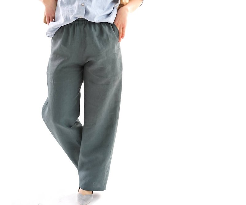 リネンパンツ・ウエストゴム・ベルトループ・ポケット付 /ローリエ bo5-54 - 女装长裤 - 棉．麻 绿色