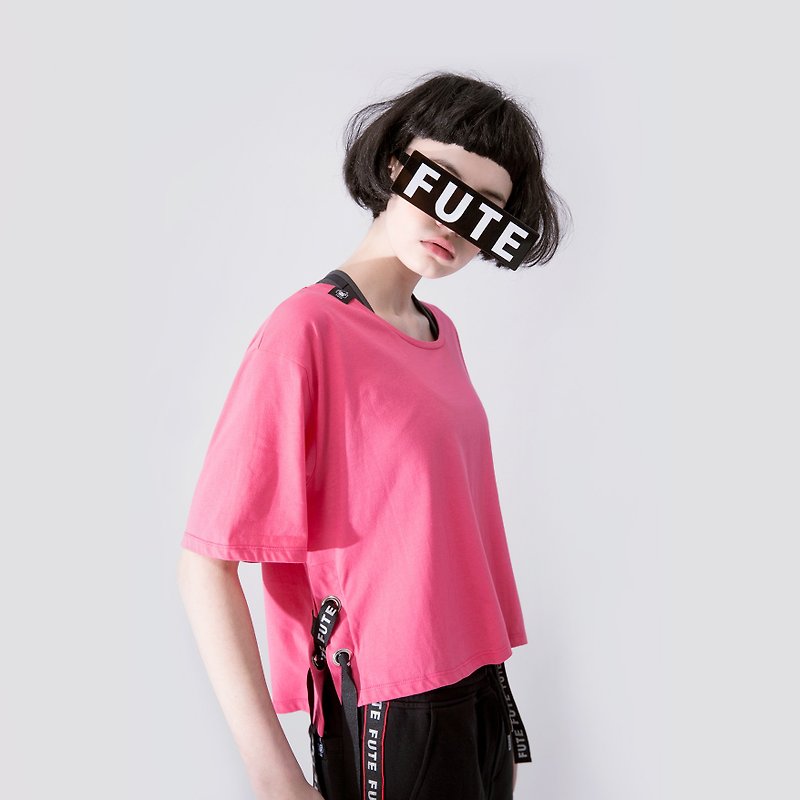 【女款】侧绑带装饰圆领t-shirt / 桃红 - 女装上衣 - 棉．麻 粉红色
