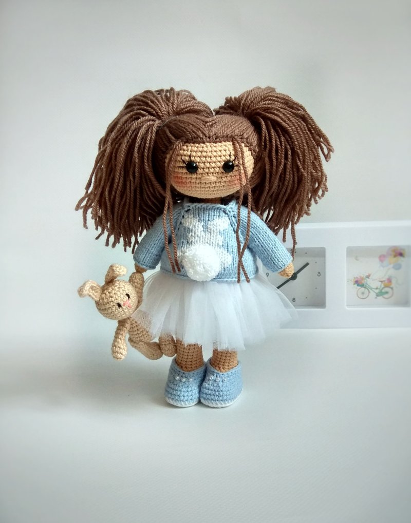 Doll in blue suit, doll in blue dress, crocheting doll, doll with miniature toy - 玩具/玩偶 - 棉．麻 蓝色