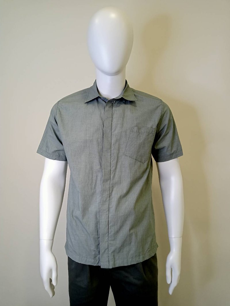 (现货)男窄版亚麻绿短袖衬衫 - 男装衬衫 - 棉．麻 