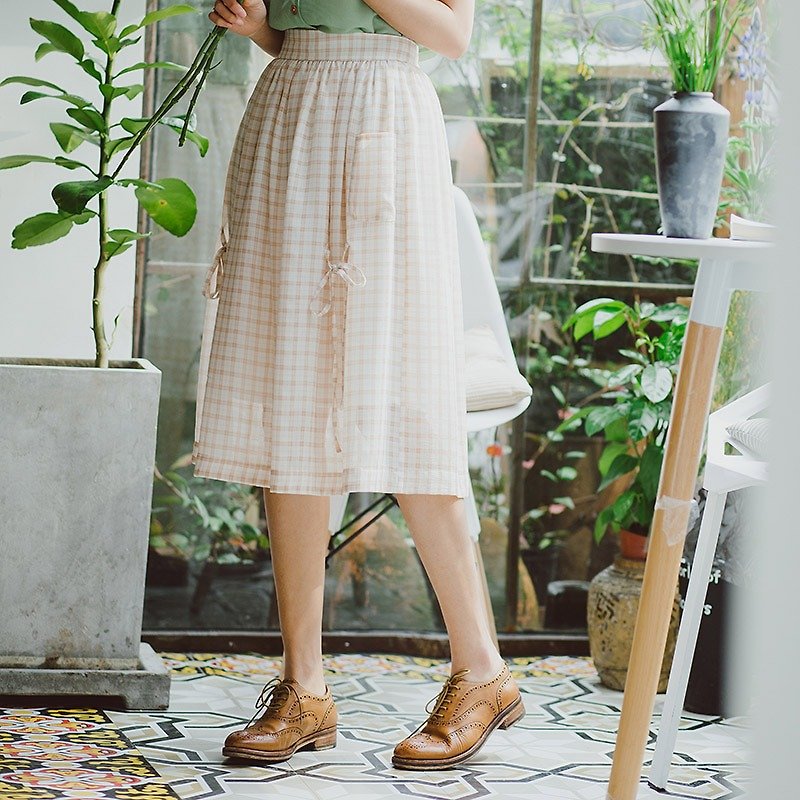 安妮陈2017夏装新款女士格子系带松紧半身裙洋装 - 裙子 - 聚酯纤维 白色