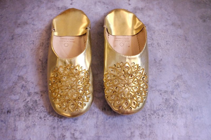 摩洛哥 手工刺绣室内鞋 - 阿拉伯新娘的金耳环 - 室内拖鞋 - 真皮 金色