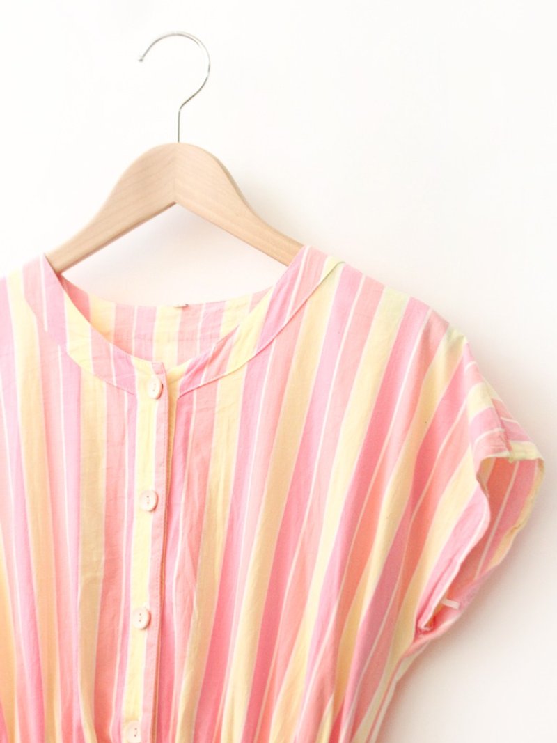 复古甜美浪漫条纹粉色短袖纯棉古着洋装VintageDress - 洋装/连衣裙 - 棉．麻 粉红色