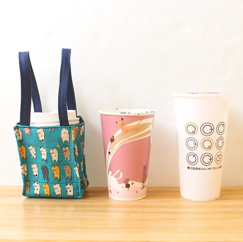 晒猫咪图案饮料提袋(一般款) 环保杯袋 咖啡杯袋 - 随行杯提袋/水壶袋 - 棉．麻 蓝色