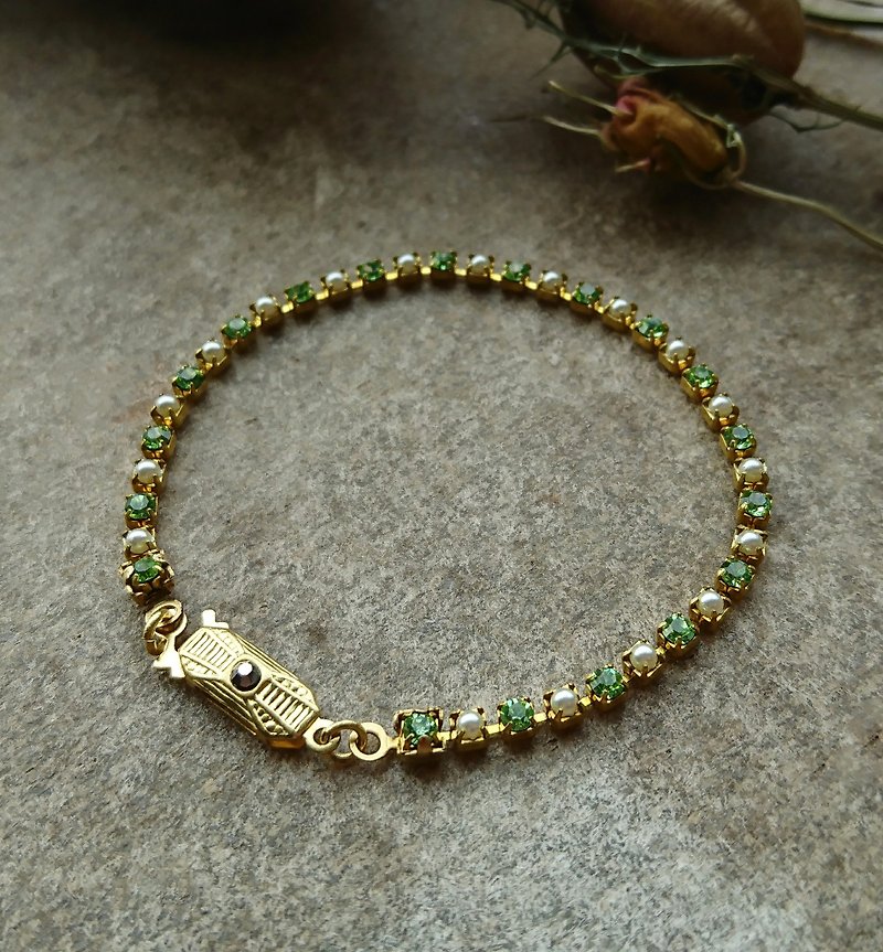 橄榄绿莱茵石玻璃珍珠手链 - 手链/手环 - 其他金属 绿色