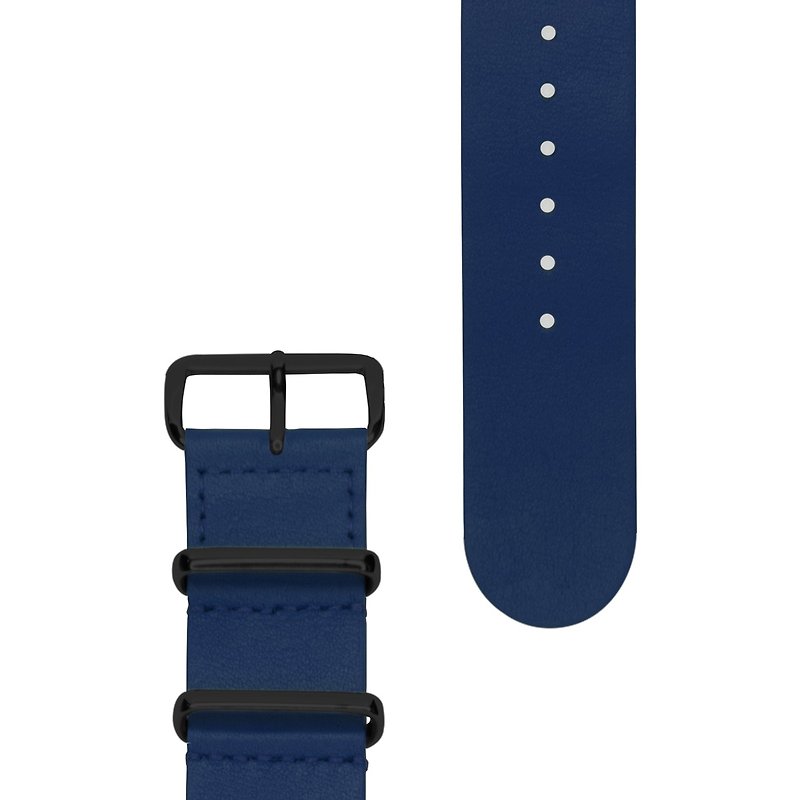 军用皮革表带 - 22mm - NAUTICAL BLUE 航海蓝皮革 (黑扣) - 女表 - 真皮 蓝色