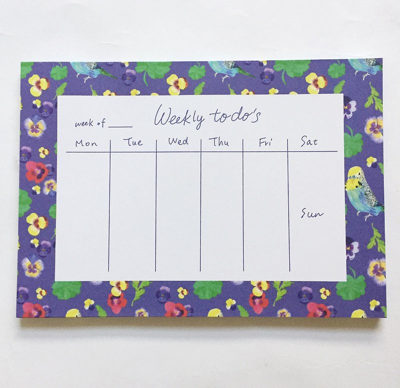 三色堇与鹦鹉 花朵鸟儿 热带雨林桌上型周计划本 无时效周计划 周计划便条本 A5 Notepad Weekly Planner To-do list - 年历/台历 - 纸 蓝色