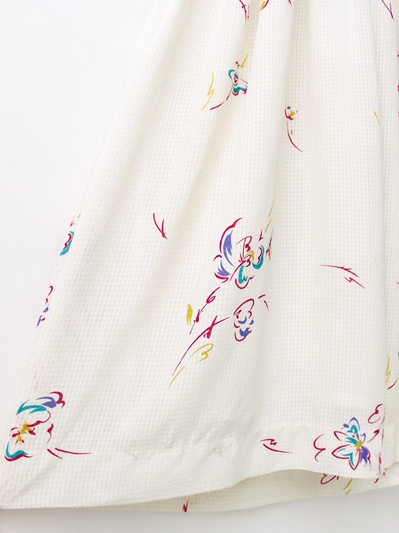 【RE0322D1047】日本制森林系甜美印花米白色短袖春夏古着洋装 - 洋装/连衣裙 - 聚酯纤维 白色