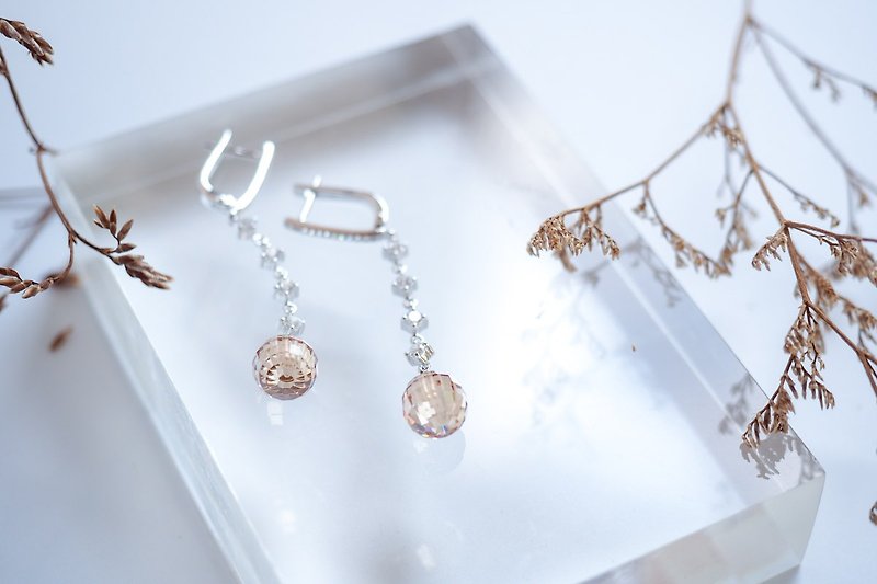 Exquisite long dangle sterling silver earring with 10 mm champagne crystal balls - 耳环/耳夹 - 纯银 黄色