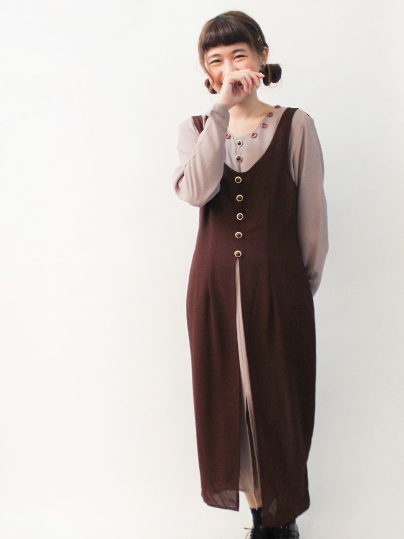 复古早春假两件剪裁红豆色长袖古着洋装 Vintage Dress - 洋装/连衣裙 - 聚酯纤维 紫色