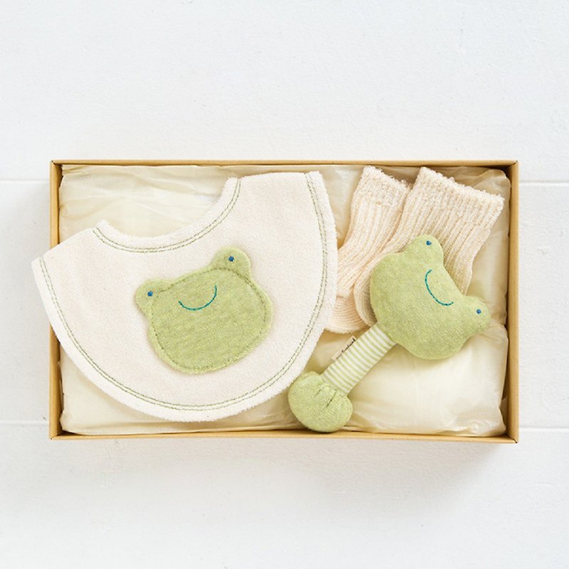 ギフトセットKA-1 かえるコレクション 100%オーガニックコットン スタイ ガラガラ ソックス 3点セット 出産のお祝いに 日本製 - 满月礼盒 - 棉．麻 绿色