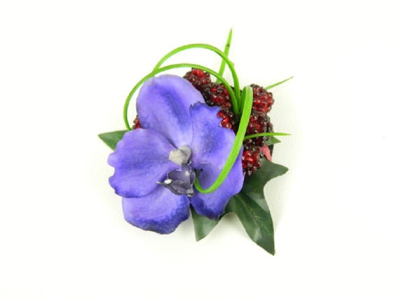 Headpiece Hair Clip Purple Blue Orchid Silk Flower with Raspberries - 发饰 - 其他材质 紫色