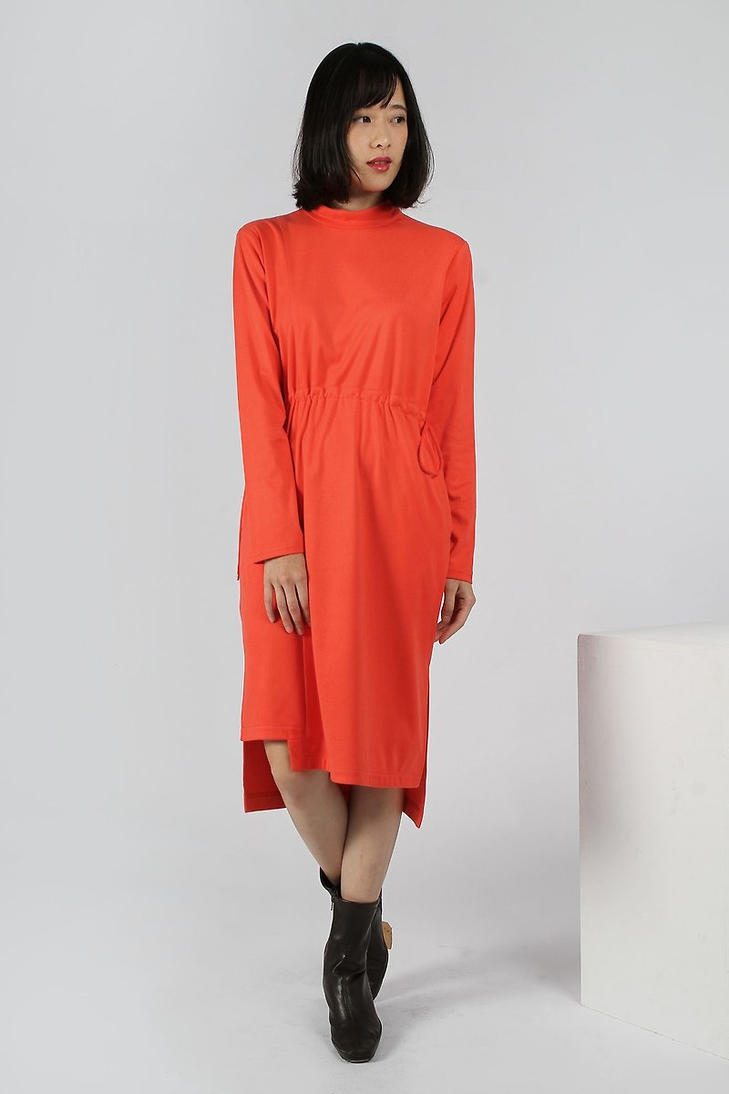 不对称小高领连身洋装 - 橘红 - 洋装/连衣裙 - 聚酯纤维 红色